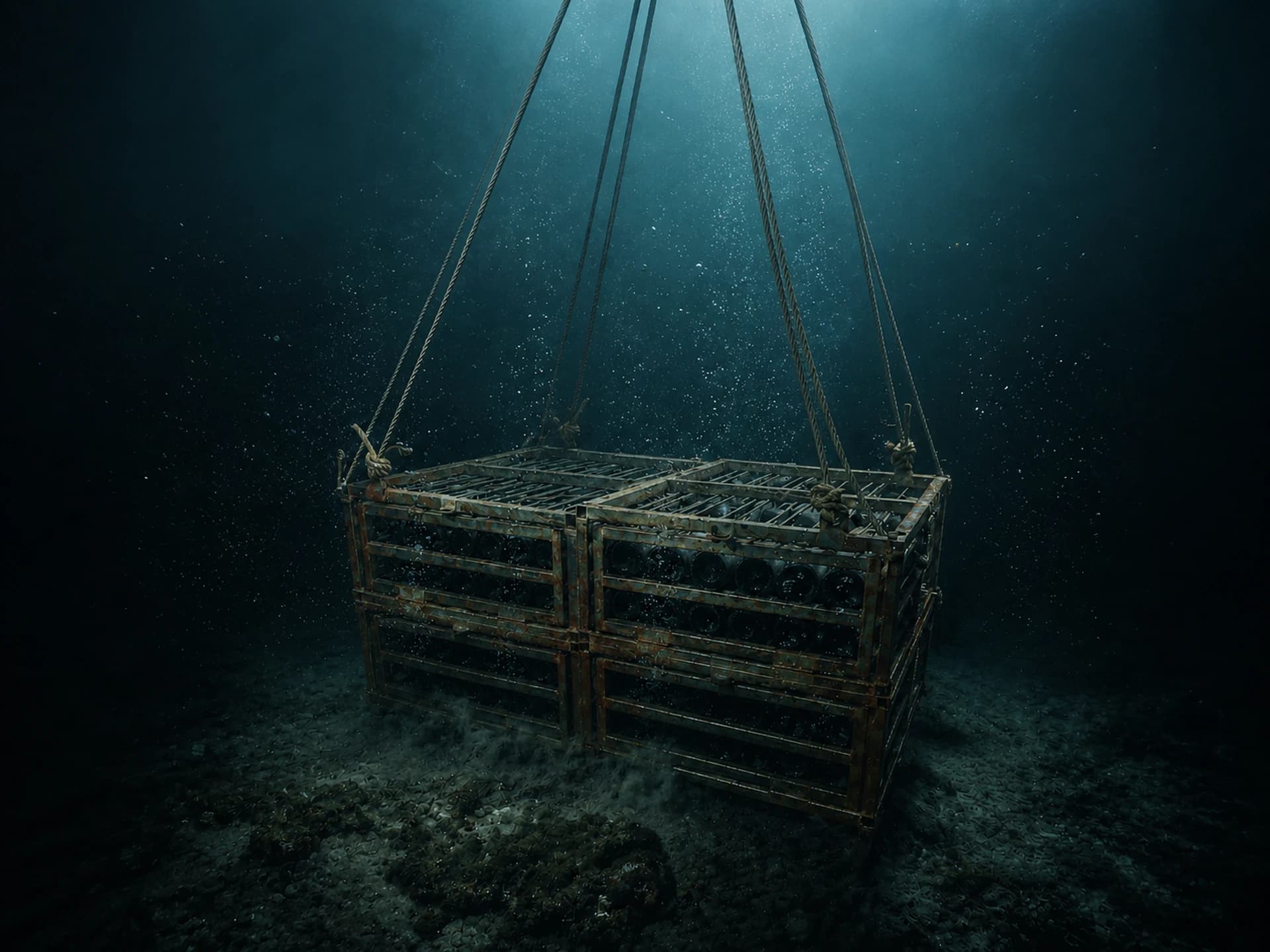 Une cage de remontée à 30 m de profondeur au large de Namhae, le site de mesure